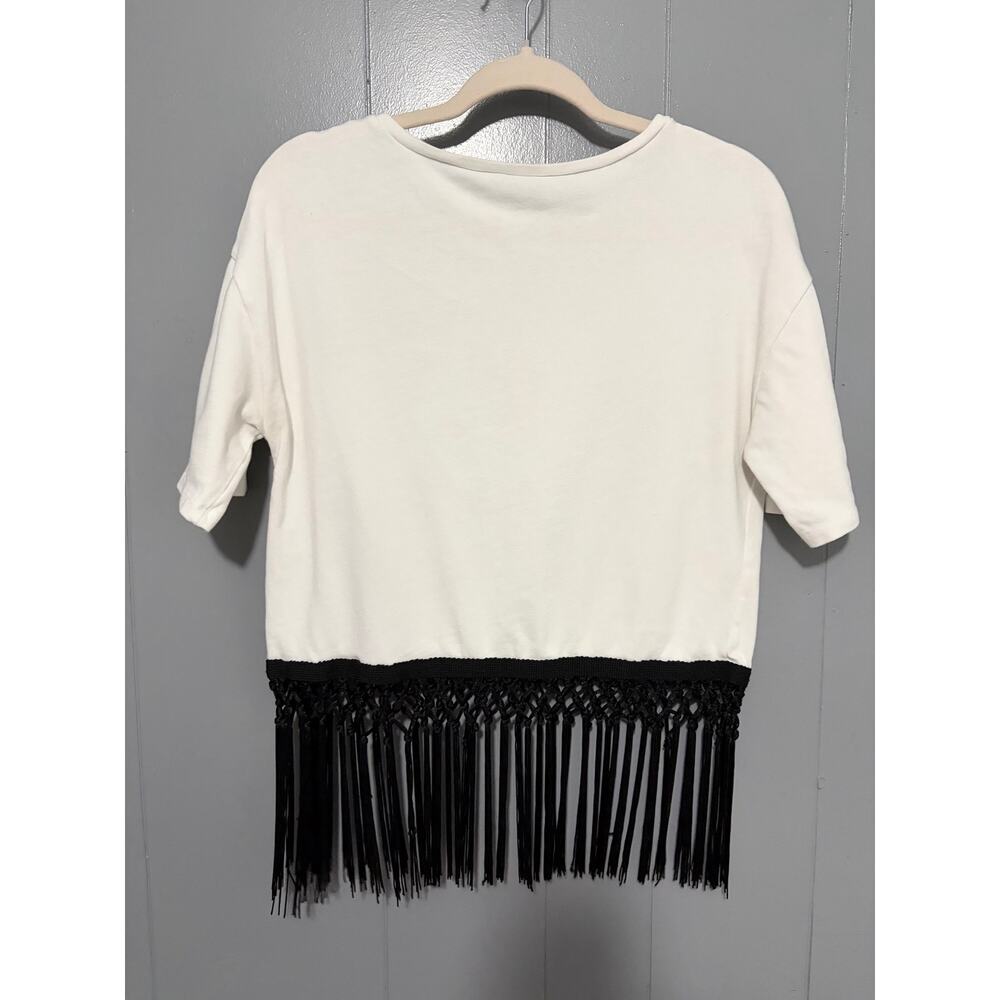 Zara White Black Fringe Knit Short Sleeve Boxy Boho Minimalist Top S - Picture 3 of 6